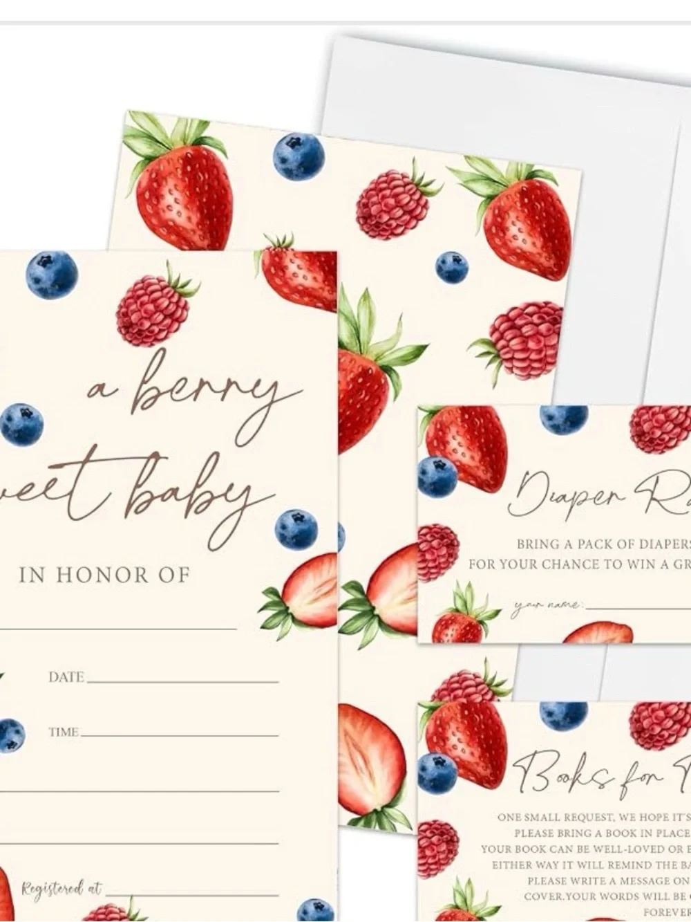 Amazon Cream Berry Baby Shower Invitation Set with Red & Blue Fruit Accents